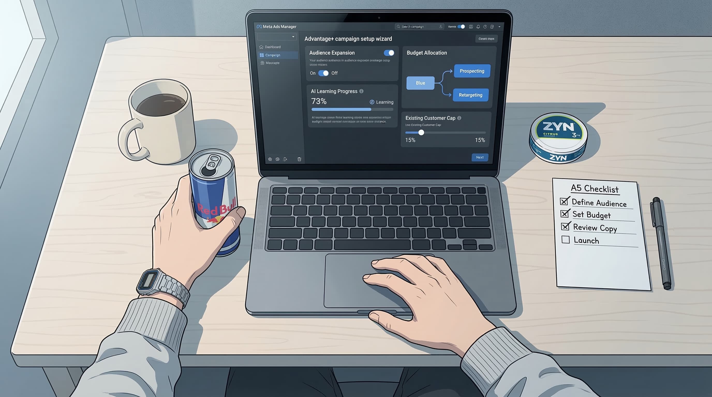 Anime-style overhead desk setup showing an Advantage+ campaign setup wizard with audience expansion toggles and budget allocation flow