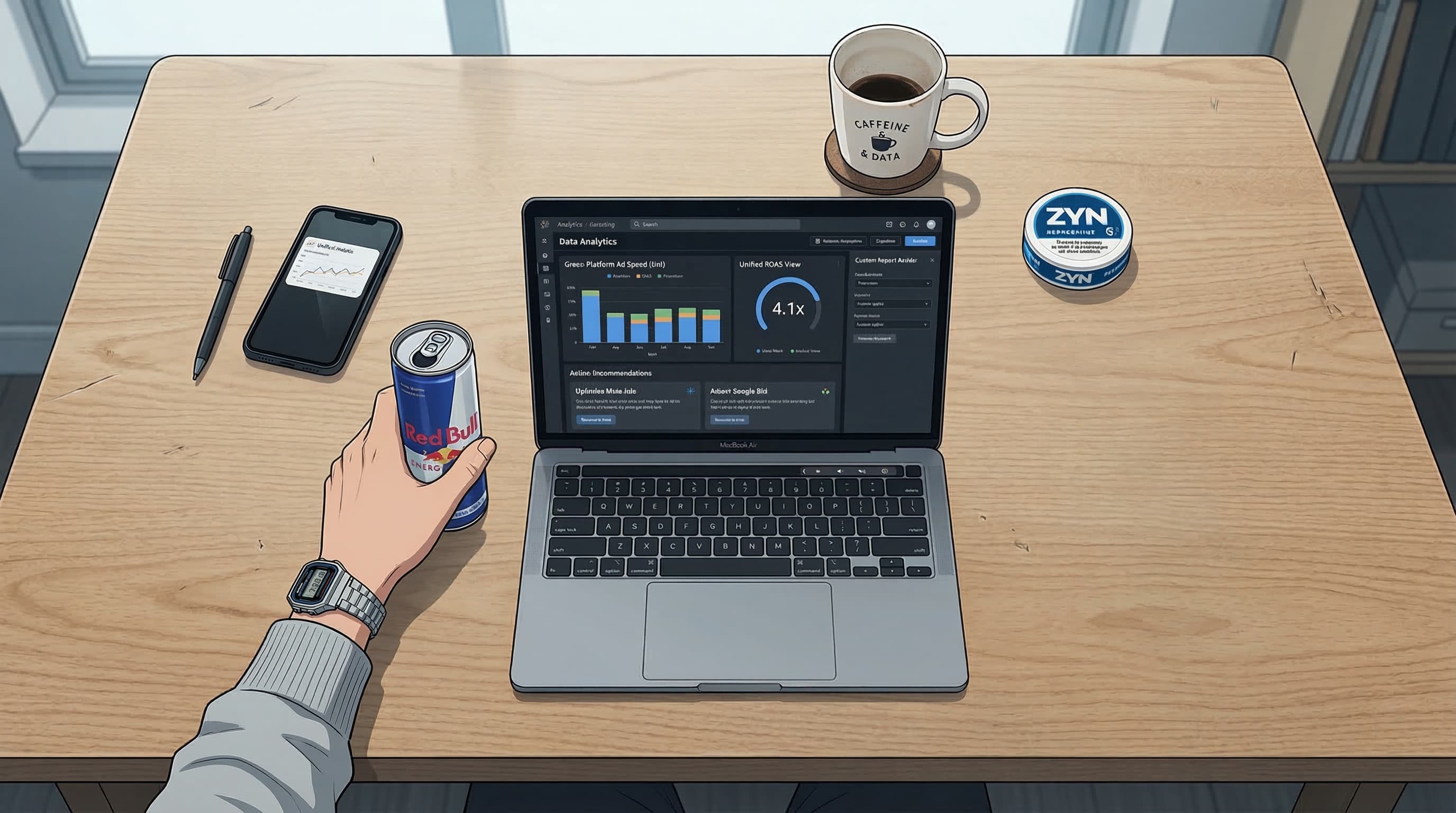 Anime-style overhead desk setup showing a multi-channel reporting dashboard with cross-platform metrics and custom report builder