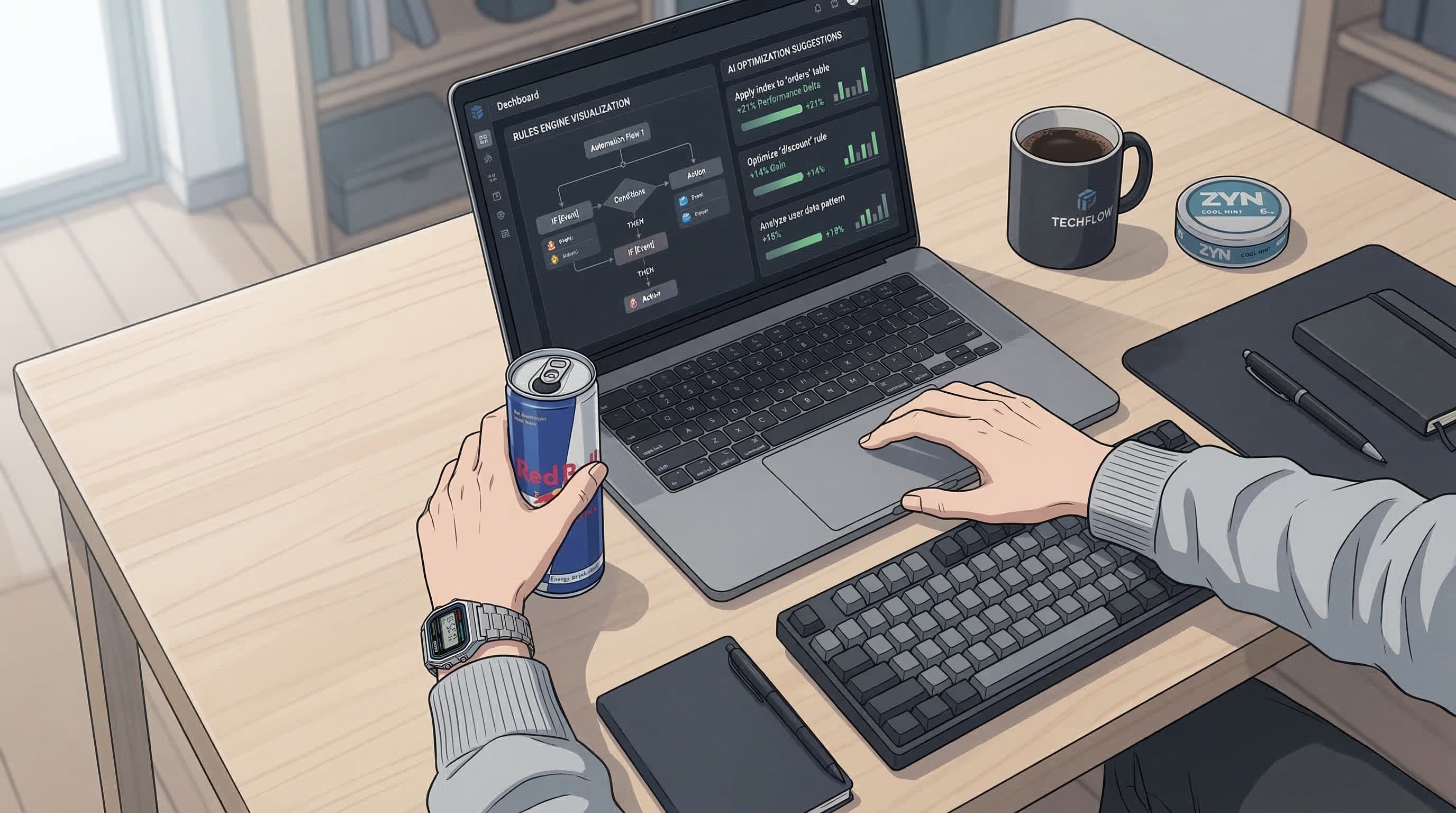 Anime-style overhead desk setup showing a rules engine versus AI optimization dashboard for Meta ads automation