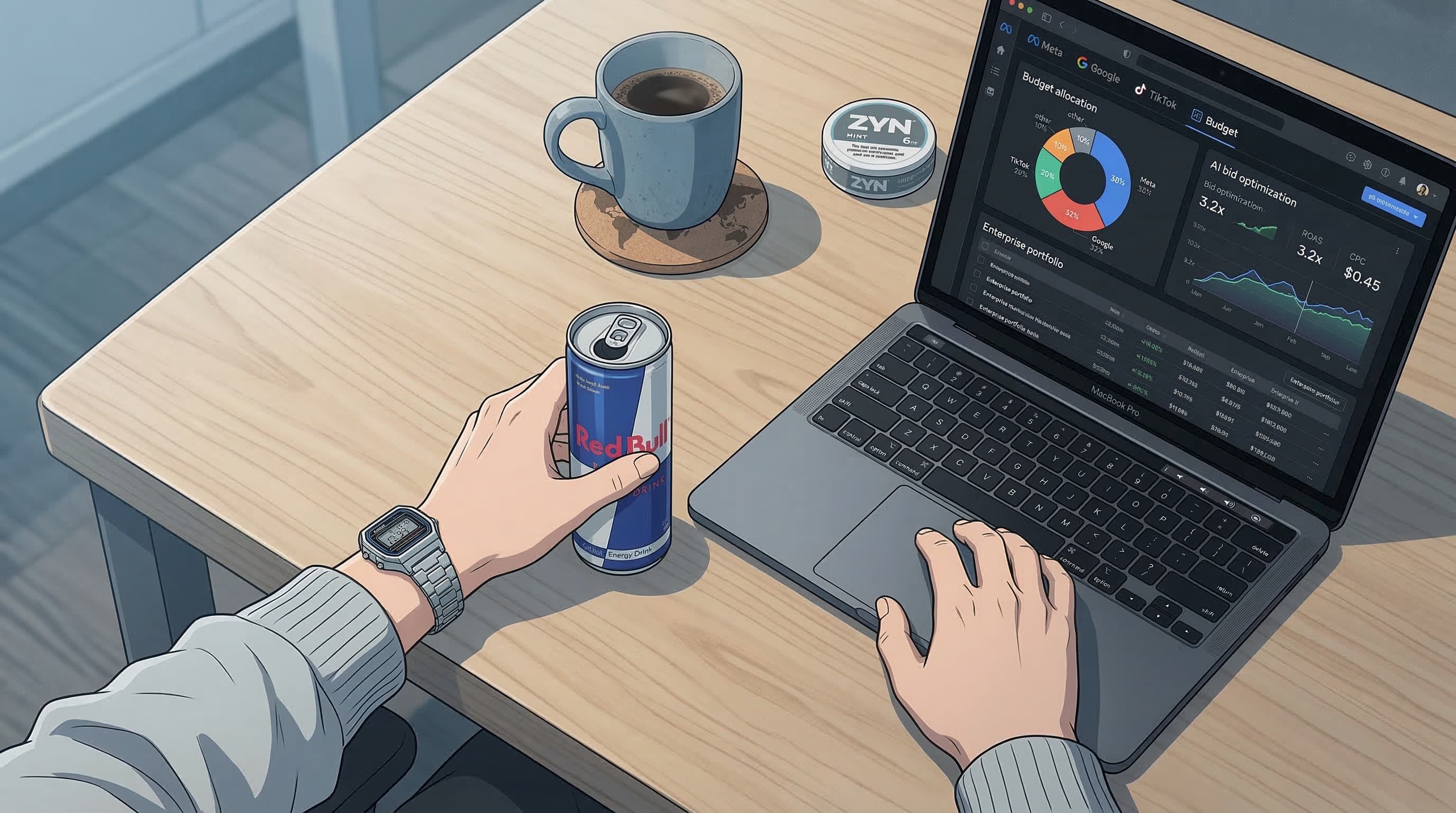 Anime-style overhead desk setup showing an omnichannel dashboard with Meta, Google, and TikTok tabs and AI bid optimization