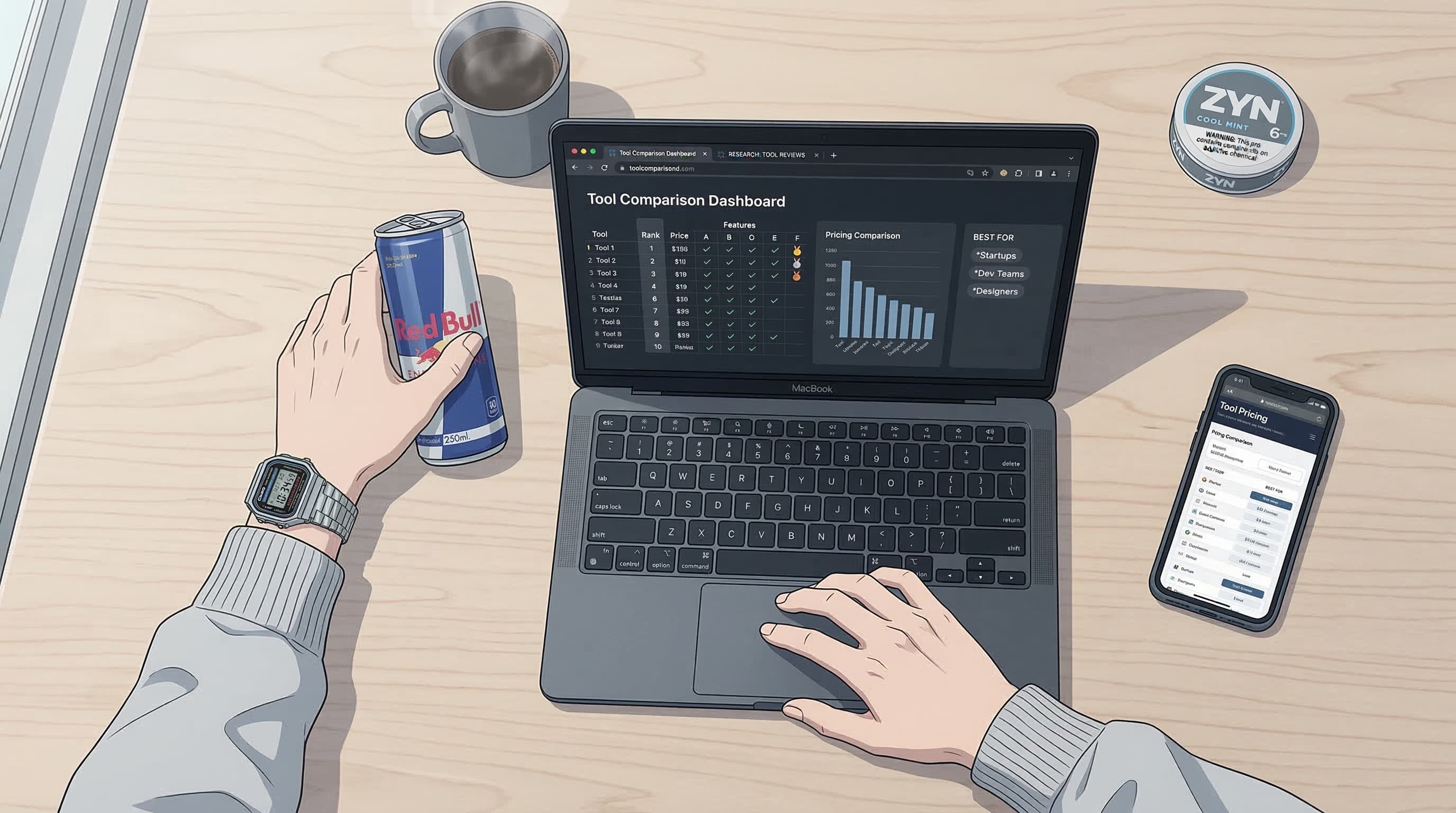 Anime-style overhead desk setup showing a tool comparison dashboard with ranked feature grids, pricing tiers, and recommendation badges
