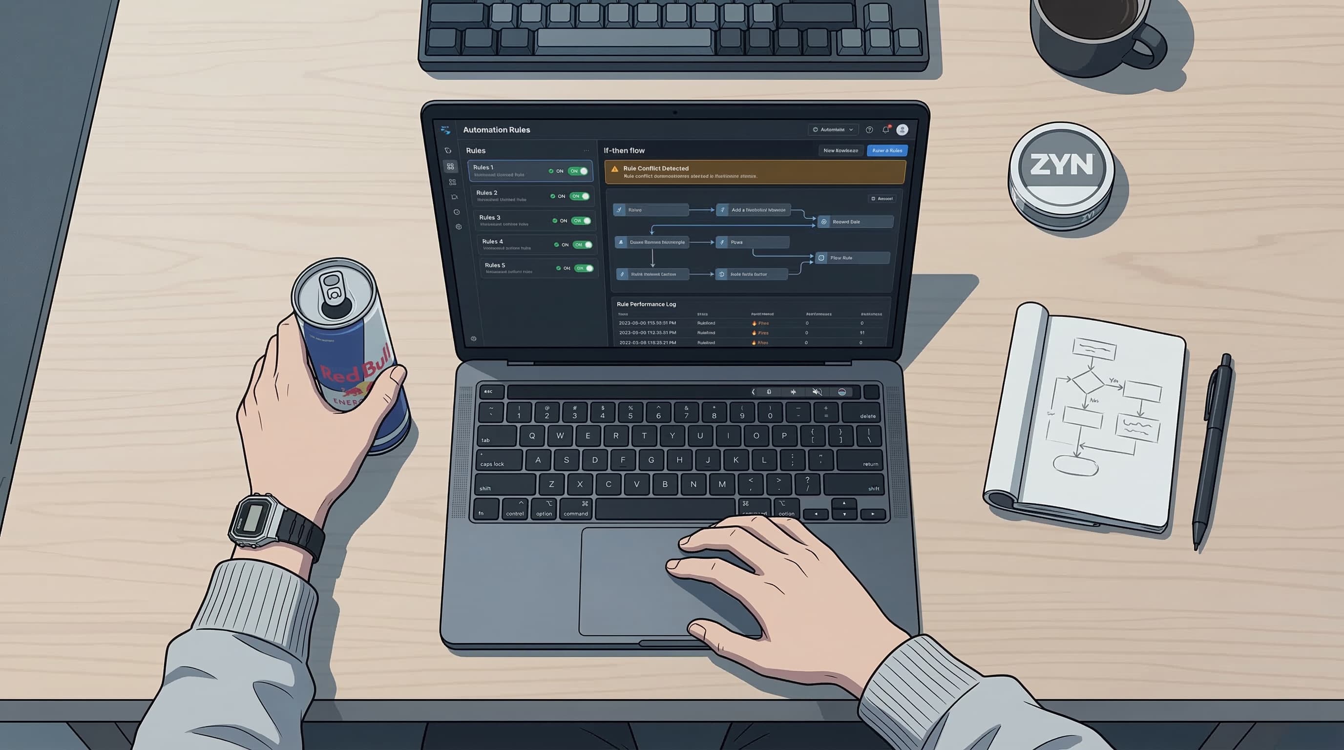 Anime-style overhead desk setup showing an automation rules dashboard with if-then rule flows, active toggle switches, and rule conflict warnings