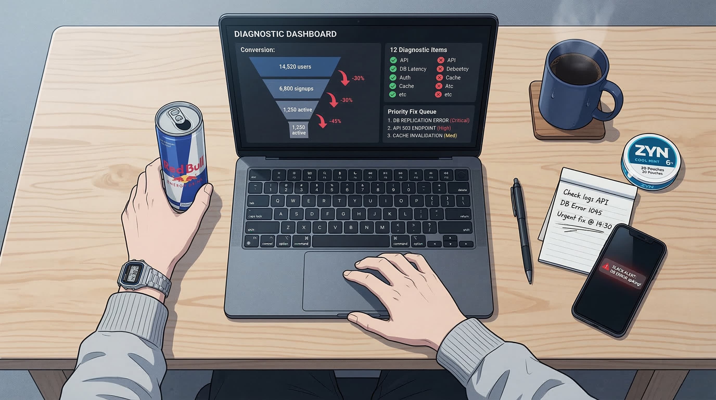 Anime-style overhead desk setup showing a diagnostic troubleshooting dashboard with red alert indicators, conversion funnel breakdown, and fix checklist