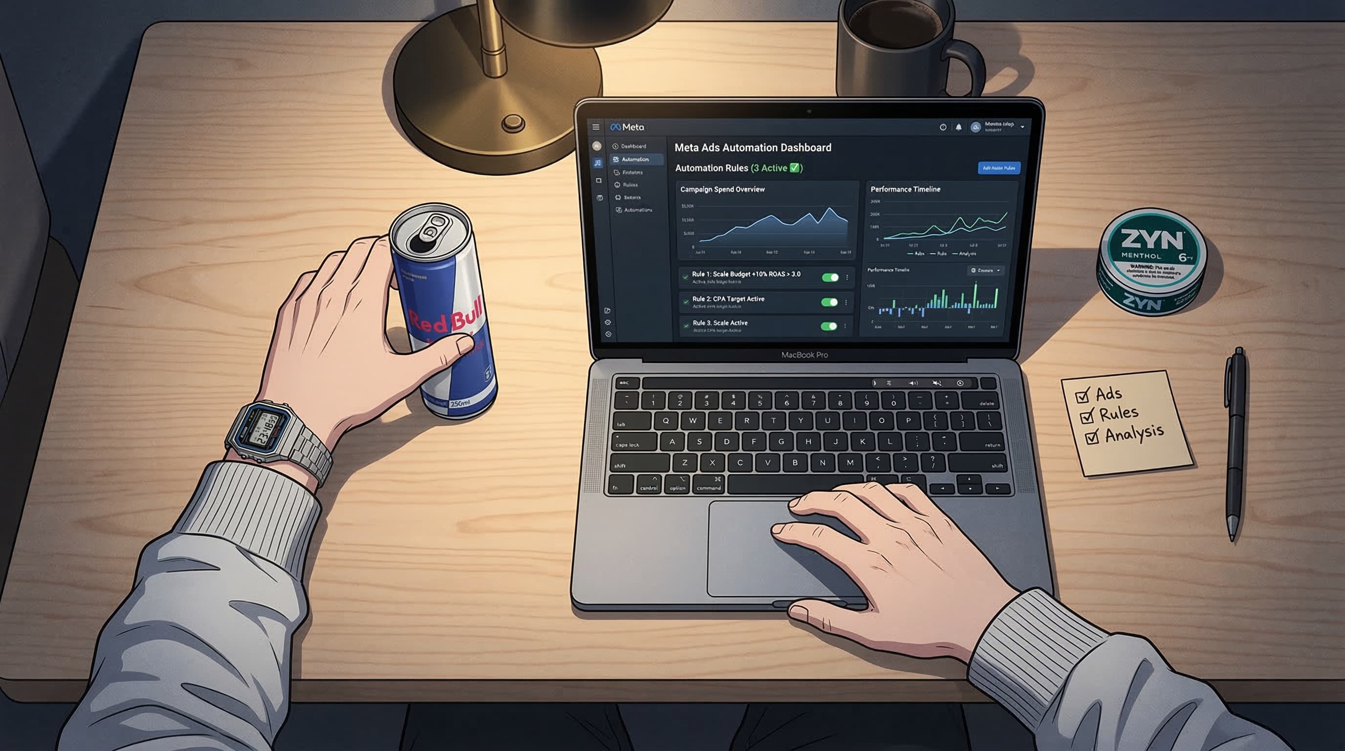 Anime-style overhead desk setup showing a Meta ads automation dashboard with campaign rules and budget scaling charts