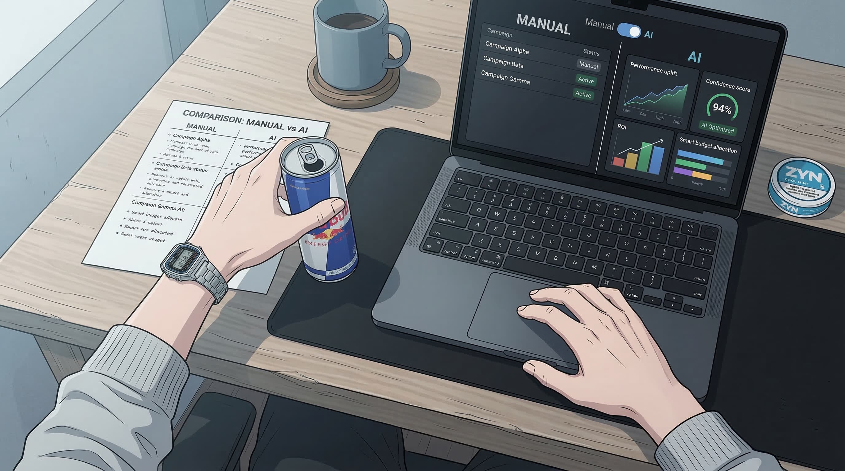 Anime-style overhead desk setup showing a split-view comparison of manual versus AI-powered Meta ads management
