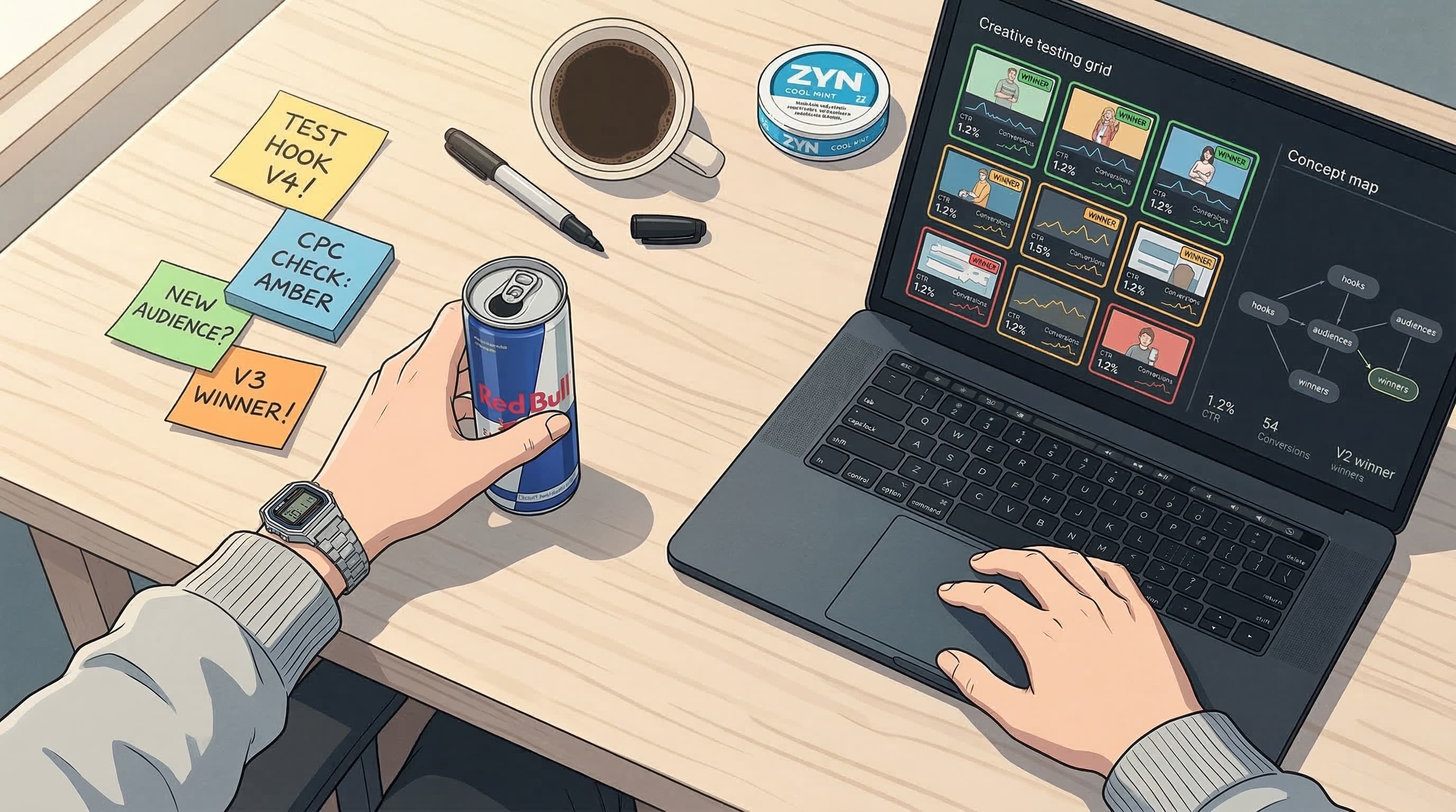 Anime-style overhead desk setup showing a creative testing grid with ad thumbnail variants, winner badges, and performance sparklines
