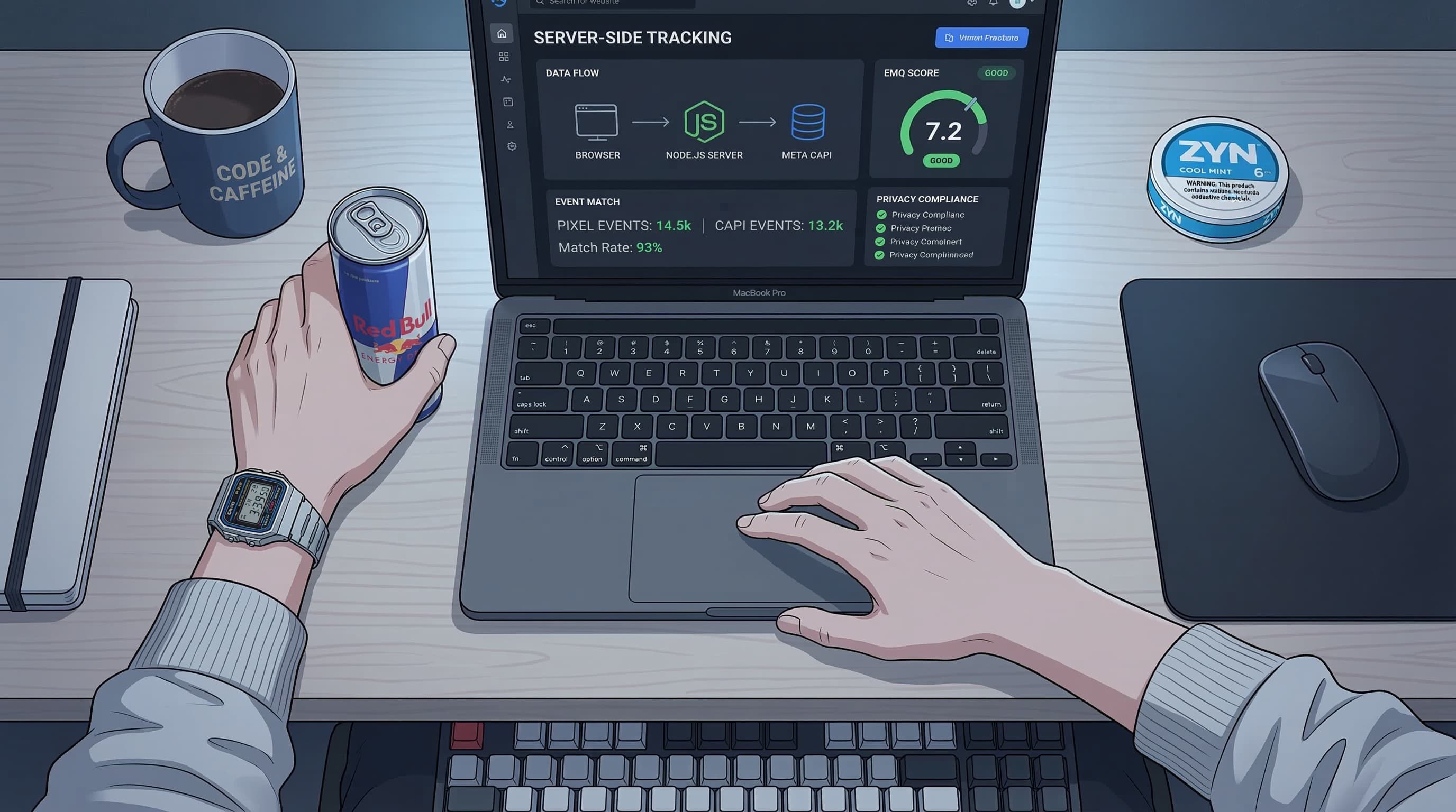 Anime-style overhead desk setup showing a server-side tracking dashboard with data flow diagram, EMQ score gauge, and event match indicators