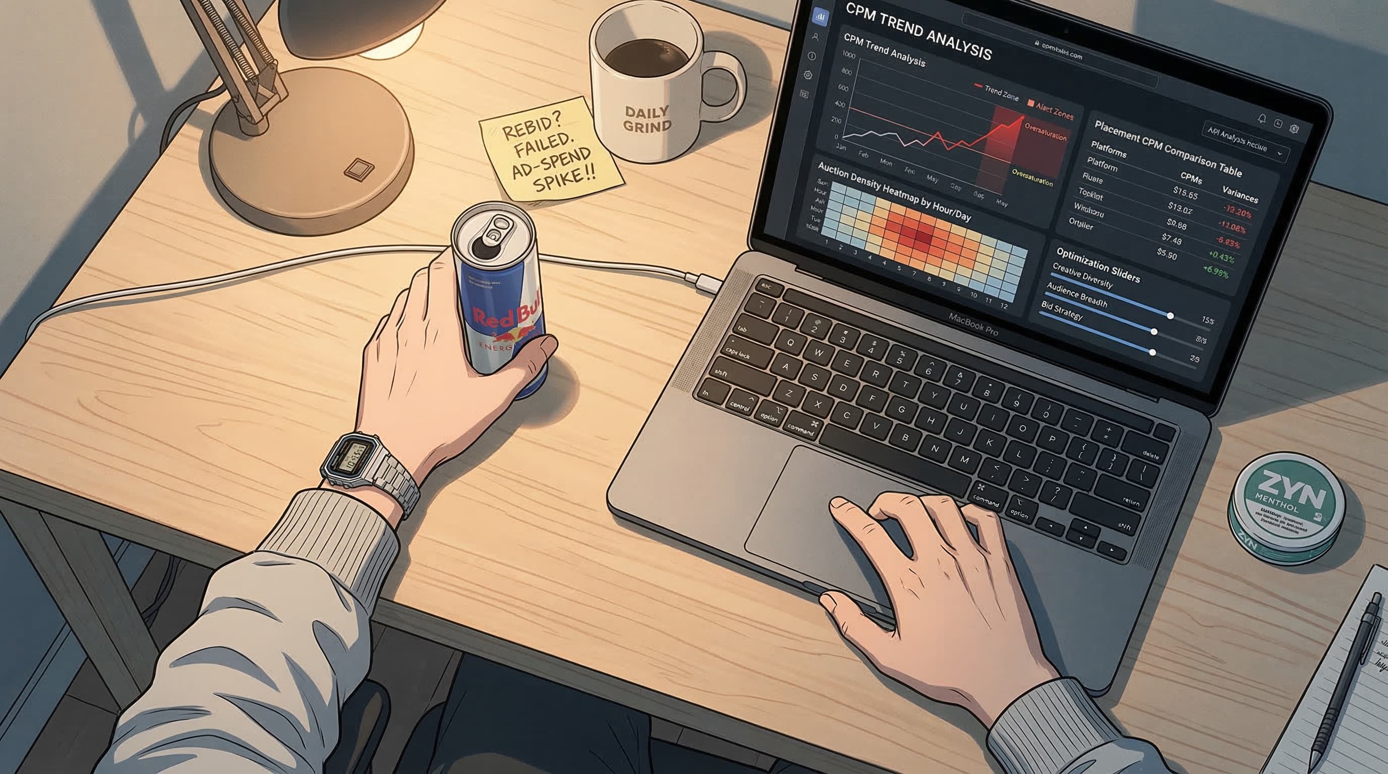 Anime-style overhead desk setup showing a CPM analysis dashboard with rising cost trend lines, auction density heatmap, and optimization levers